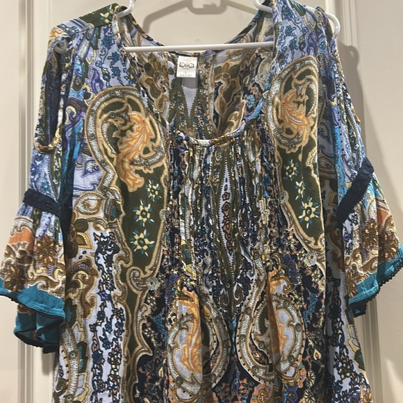 Bila Floral cold shoulder detail trim Top Blouse trumpet sleeves Boho Gauzy L - Picture 6 of 8